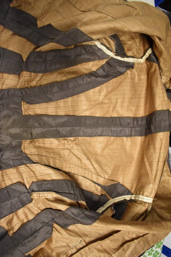 A Victorian brown silk bodice, with contrasting chestnut brown flocked cuffs, bid and pocket, - Image 2 of 9