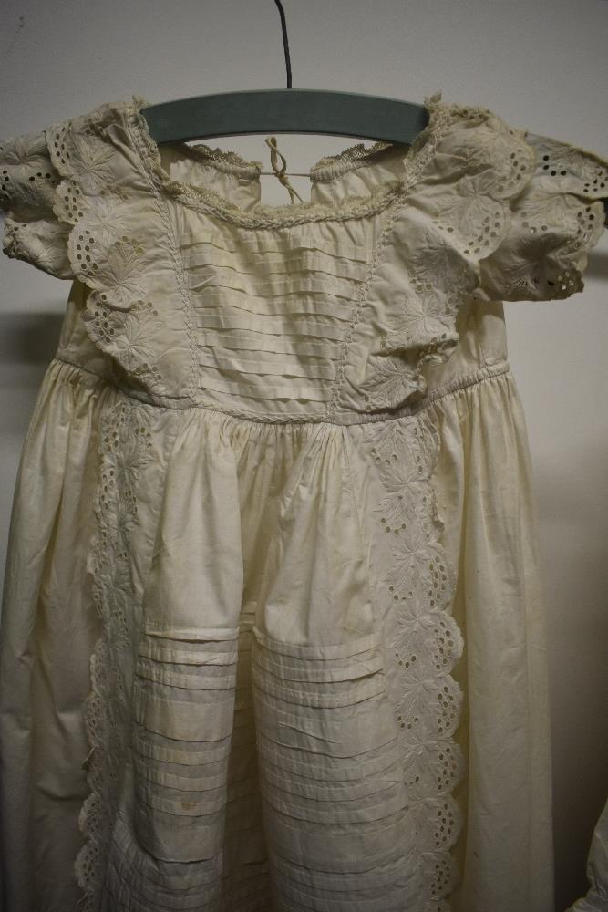 Three antique babies gowns (some AF, darns etc) a bonnet, an early 20th century coat and an adults - Image 8 of 13