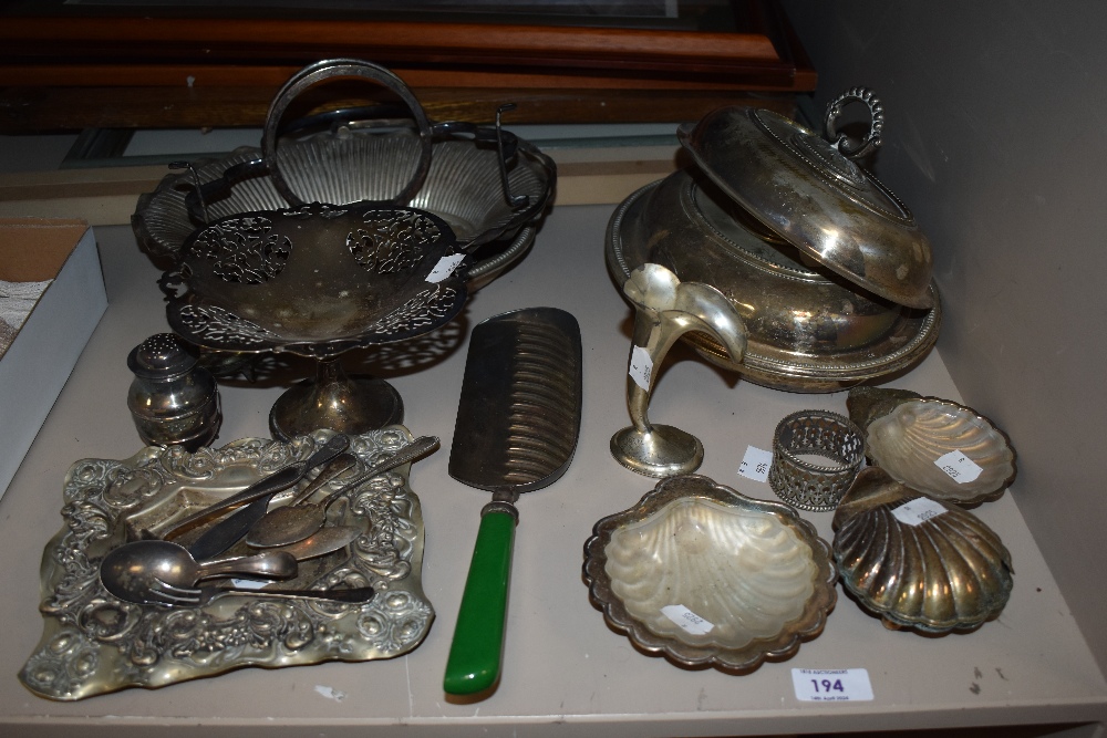 An assorted collection of plated ware including a rectangular Art Nouveau style fluted trinket tray,