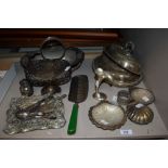 An assorted collection of plated ware including a rectangular Art Nouveau style fluted trinket tray,