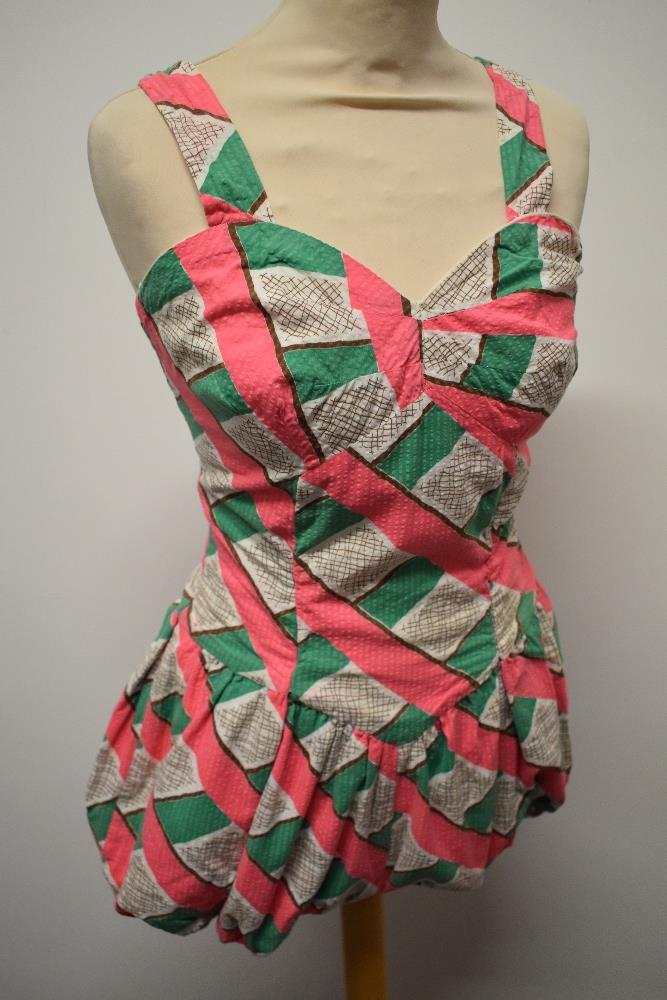 A 1940s pink, green, brown and white seersucker cotton playsuit. - Image 2 of 7