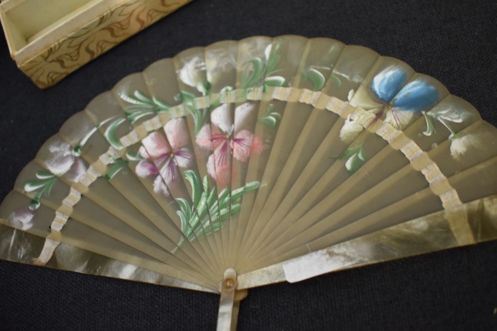 A 19th century fan of bone or similar and another similar with hand painted floral design, also - Image 5 of 5