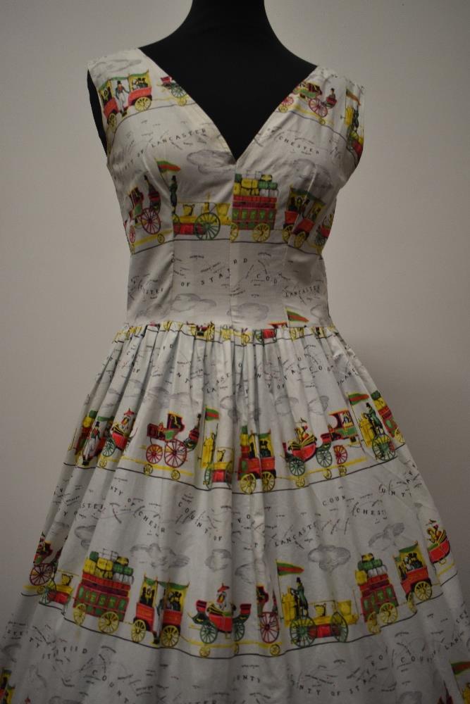 An amazing novelty print cotton day dress, having pleated skirt, with pattern of Victorian style - Image 2 of 13