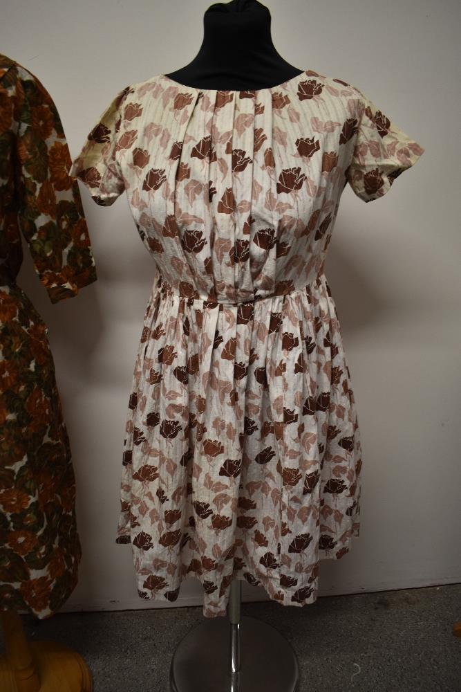 A 1960s autumnal print Trevira dress and a 1950s abstract roe patterned cotton day dress. - Image 2 of 5