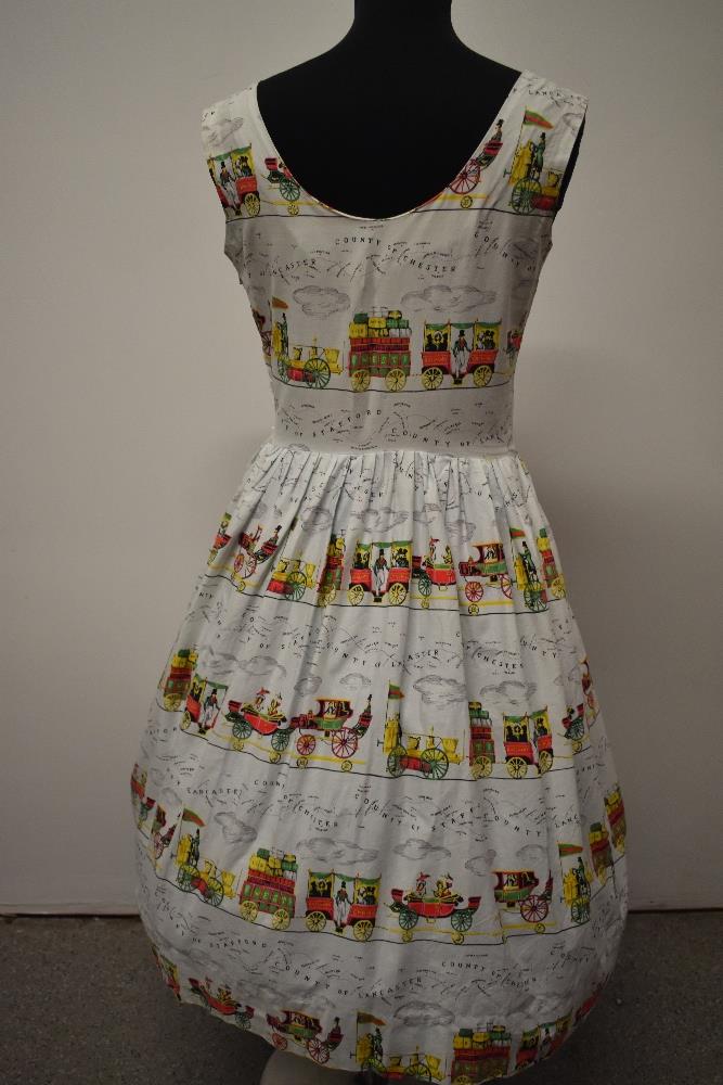 An amazing novelty print cotton day dress, having pleated skirt, with pattern of Victorian style - Image 7 of 13