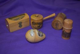 Five items of Mauchline ware, to include circa 1890 Westminster Abbey needle case, circa 1870
