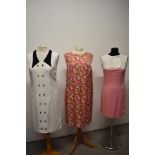 Three 1960s dresses, including pink and white fitted linen day dress and white linen dress with