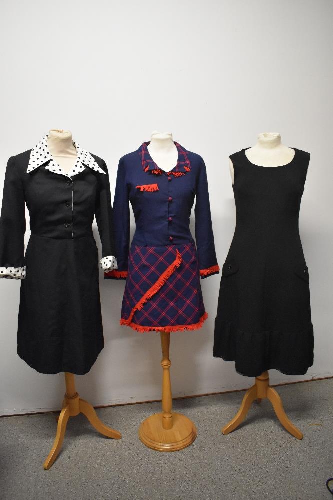 Three 1960s dresses, including unusual navy blue and red mini dress.