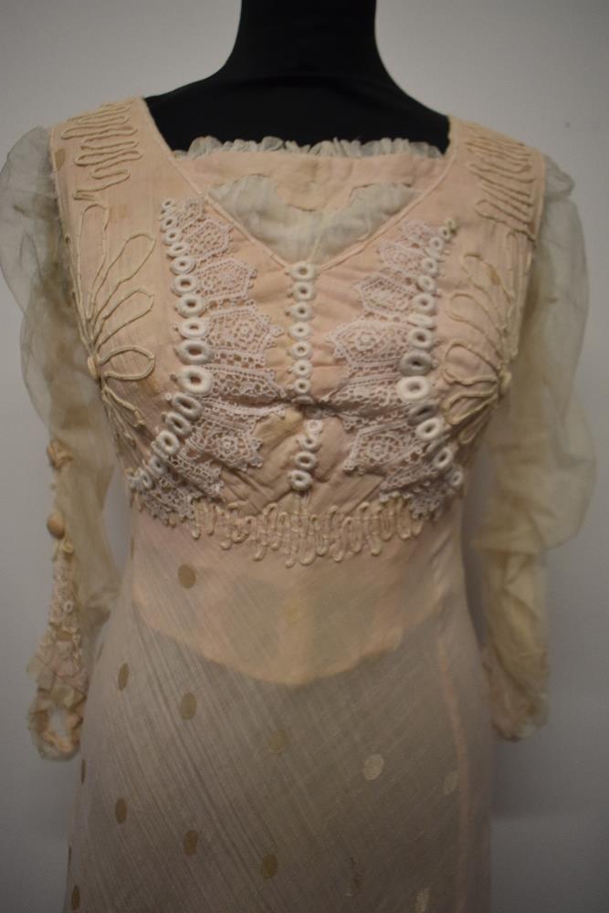 A pale tea coloured Edwardian dress of shot cotton, or blended shot cotton with large dot pattern, - Image 22 of 23