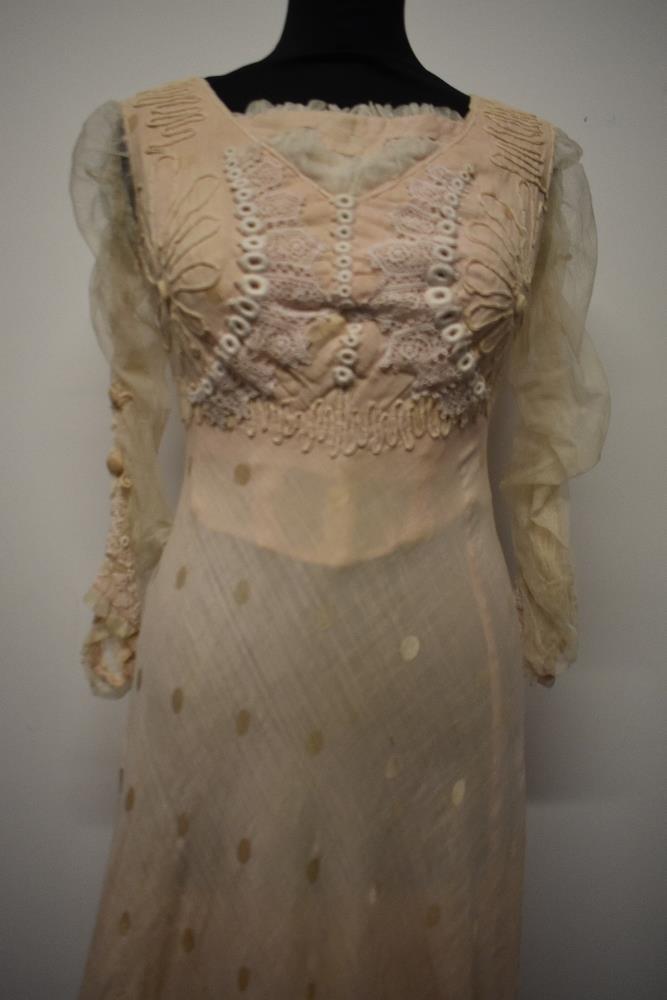 A pale tea coloured Edwardian dress of shot cotton, or blended shot cotton with large dot pattern, - Image 23 of 23