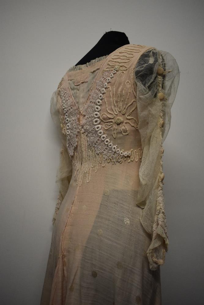 A pale tea coloured Edwardian dress of shot cotton, or blended shot cotton with large dot pattern, - Image 15 of 23