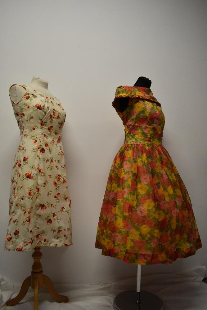 Two 1950s dresses, including vibrant floral dress with full skirt and shawl collar. - Image 5 of 8