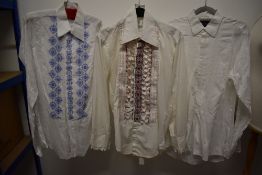 Three vintage gents dress shirts, including red and black ruffle fronted After Six shirt.
