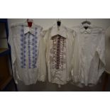Three vintage gents dress shirts, including red and black ruffle fronted After Six shirt.