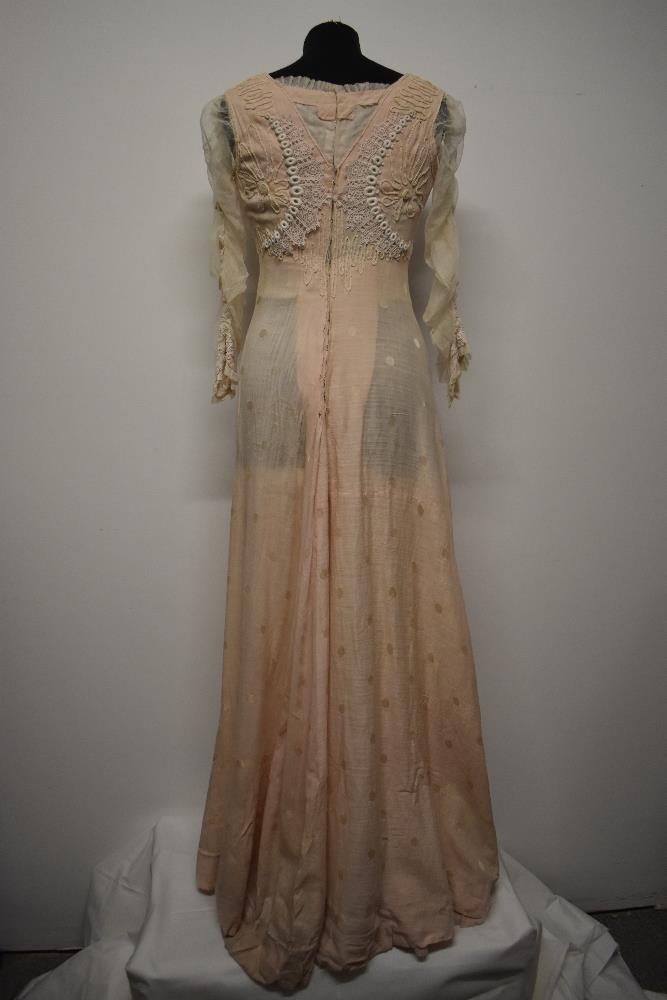 A pale tea coloured Edwardian dress of shot cotton, or blended shot cotton with large dot pattern, - Image 12 of 23