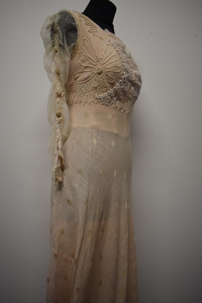 A pale tea coloured Edwardian dress of shot cotton, or blended shot cotton with large dot pattern, - Image 19 of 23