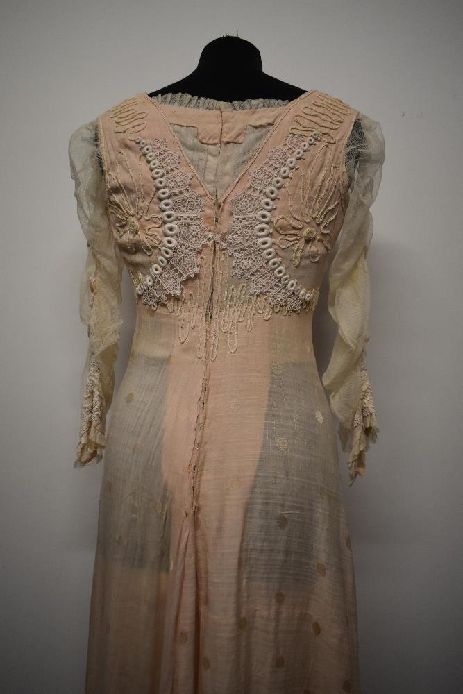 A pale tea coloured Edwardian dress of shot cotton, or blended shot cotton with large dot pattern, - Image 11 of 23