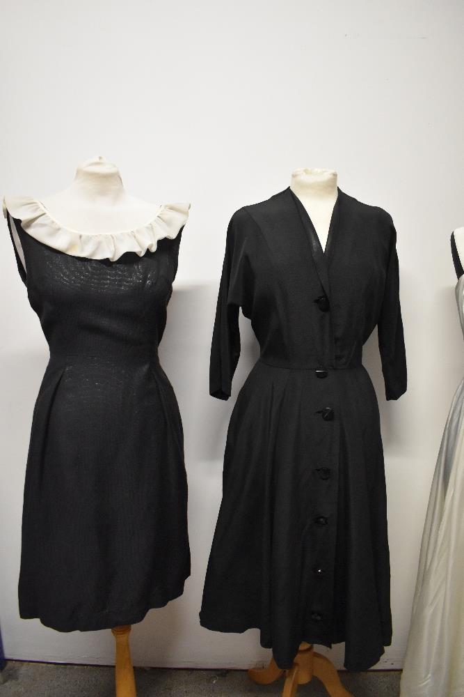 A 1950s charcoal grey with metallic thread day dress, having ruffled white collar, a 1940s/50s black - Image 2 of 9