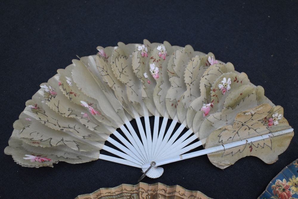 Three fans, including unusual Victorian fan with rasied leaf styling and hand painted flowers, and - Image 4 of 9