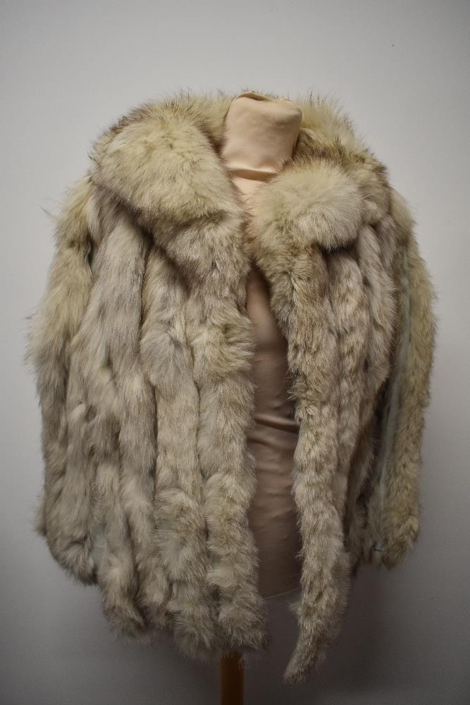 A vintage fox fur jacket, having leather banding interspersed with fur.