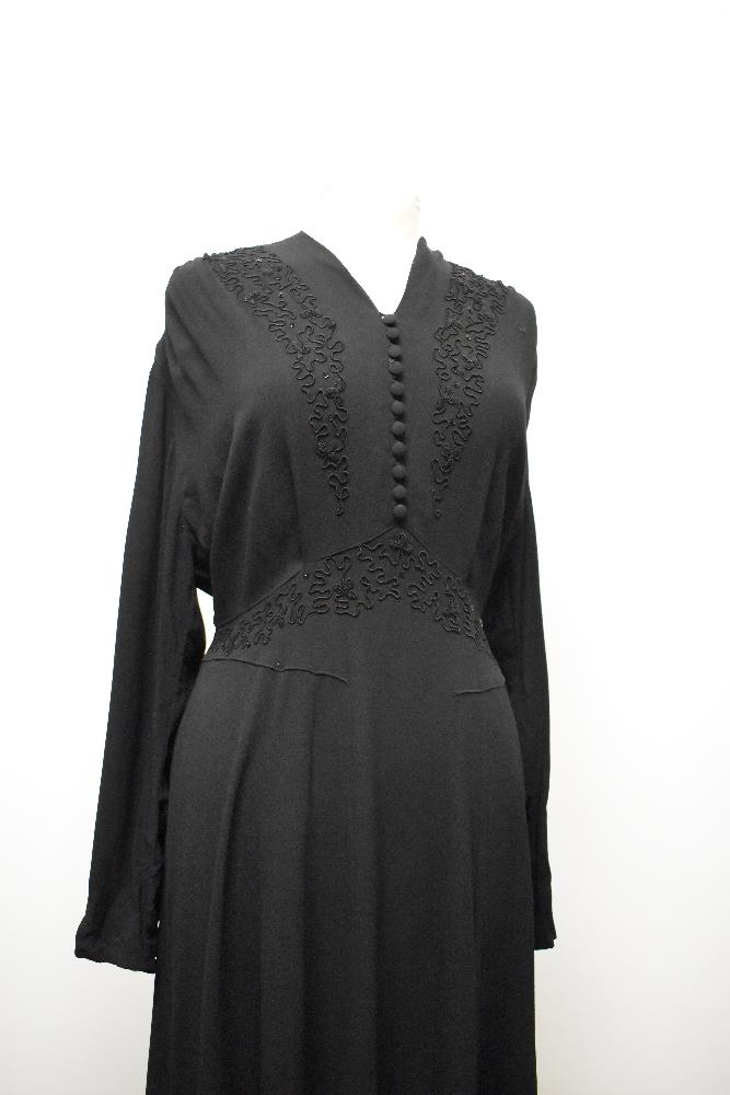 A late 1930s / 1940s black crepe day dress, having braiding to front with sequins, panelled skirt, - Image 2 of 8