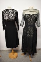 A 1950s black crepe and lace dress, having sheer bodice and a 1940s black lace and tulle gown.