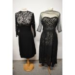 A 1950s black crepe and lace dress, having sheer bodice and a 1940s black lace and tulle gown.
