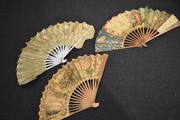 Three fans, including unusual Victorian fan with rasied leaf styling and hand painted flowers, and