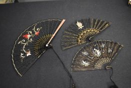 Three black fans, including lace fan with Mother of Pearl decoration to end ribs, hand painted