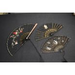 Three black fans, including lace fan with Mother of Pearl decoration to end ribs, hand painted