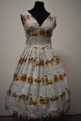 An amazing novelty print cotton day dress, having pleated skirt, with pattern of Victorian style