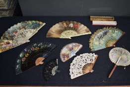 Seven fans, including painted wooden ribbed fan with Flamenco scenes, bone ribbed late 19th