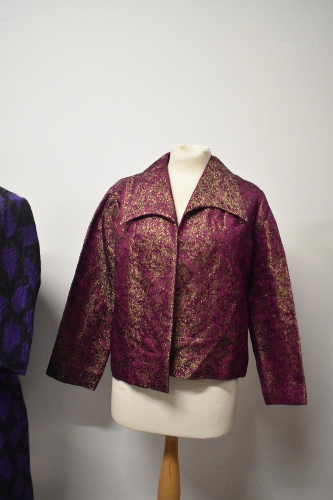 Two purple 1960s dresses and a cerise and gold jacket, having Art Deco styling. - Image 3 of 4