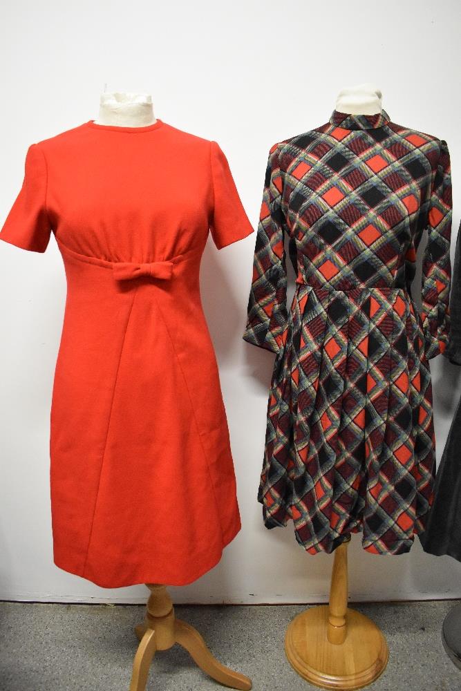 Three vintage dresses, including red, blue, green, blsck and white plaid day dress with pleated - Image 2 of 5