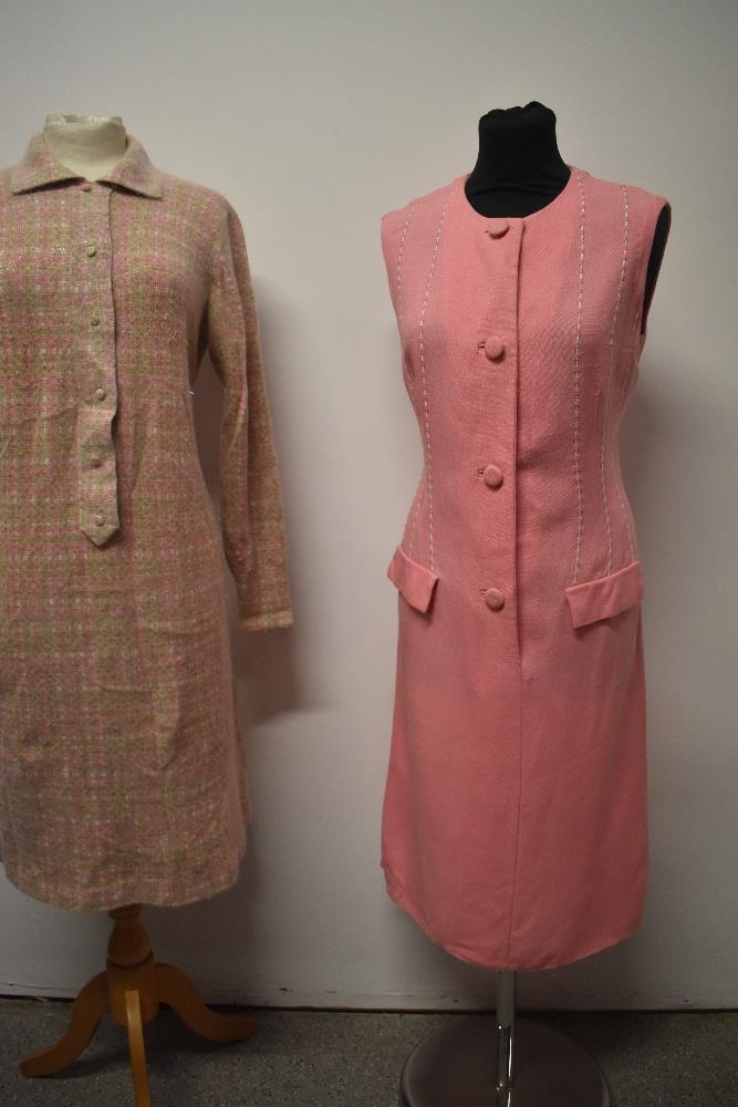 A 1960s tailored pink linen day dress with white stitching and a 1960s knitted green and pink - Image 2 of 7