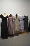 Five 1930s to 50s dresses and gowns, all with damage and / or repair, some wearable with