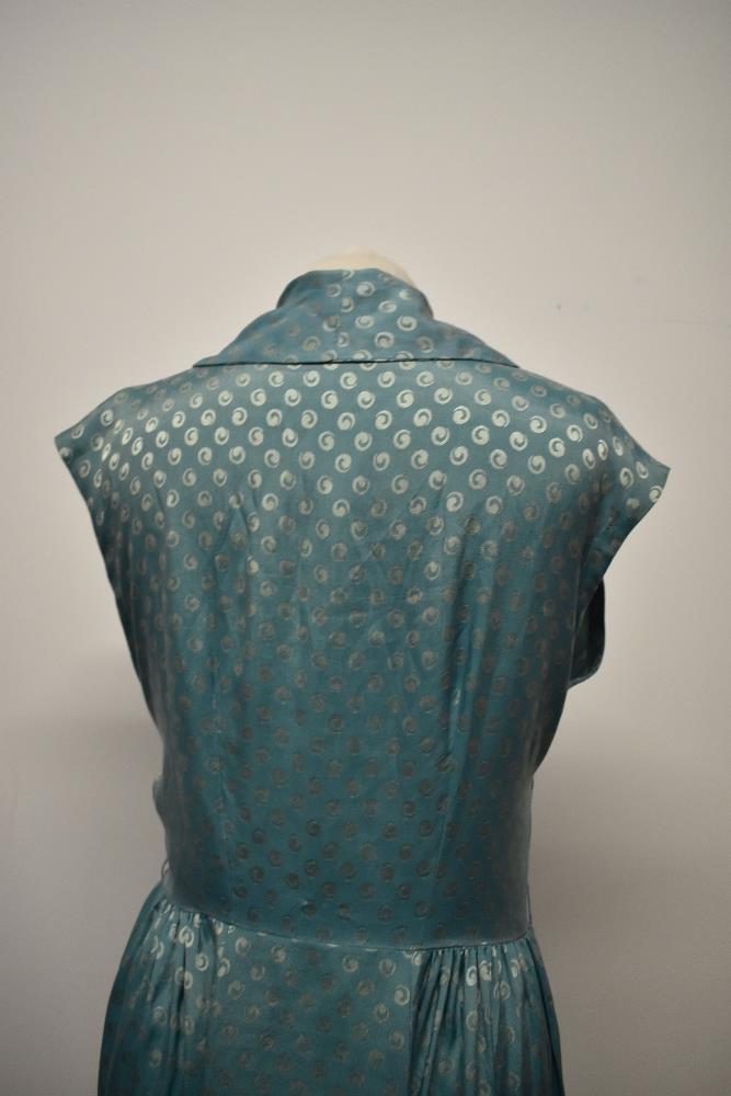 A late 1940s/early 50s day dress of sea foam green medium weight silk, having gathers to the - Image 7 of 8
