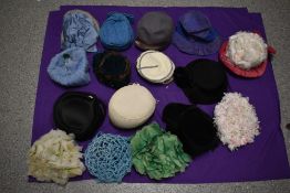 Sixteen vintage hats, 1940s to 1960s, including mink trimmed velvet example and black felt