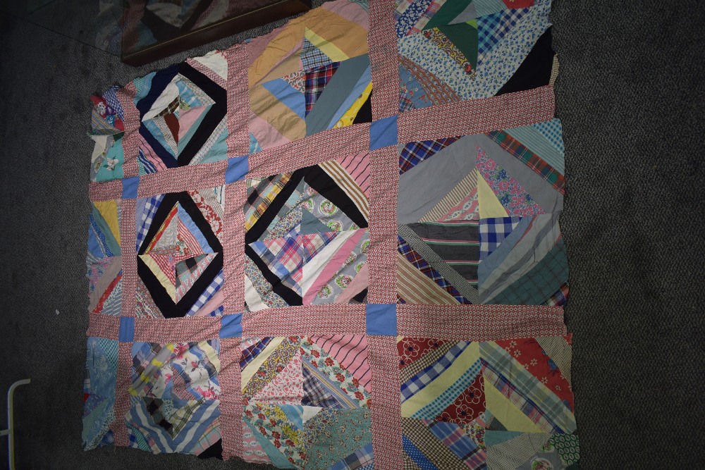 A vintage unfinished / unbacked patchwork coverlet, using bright floral and patterned fabric ( - Image 5 of 8