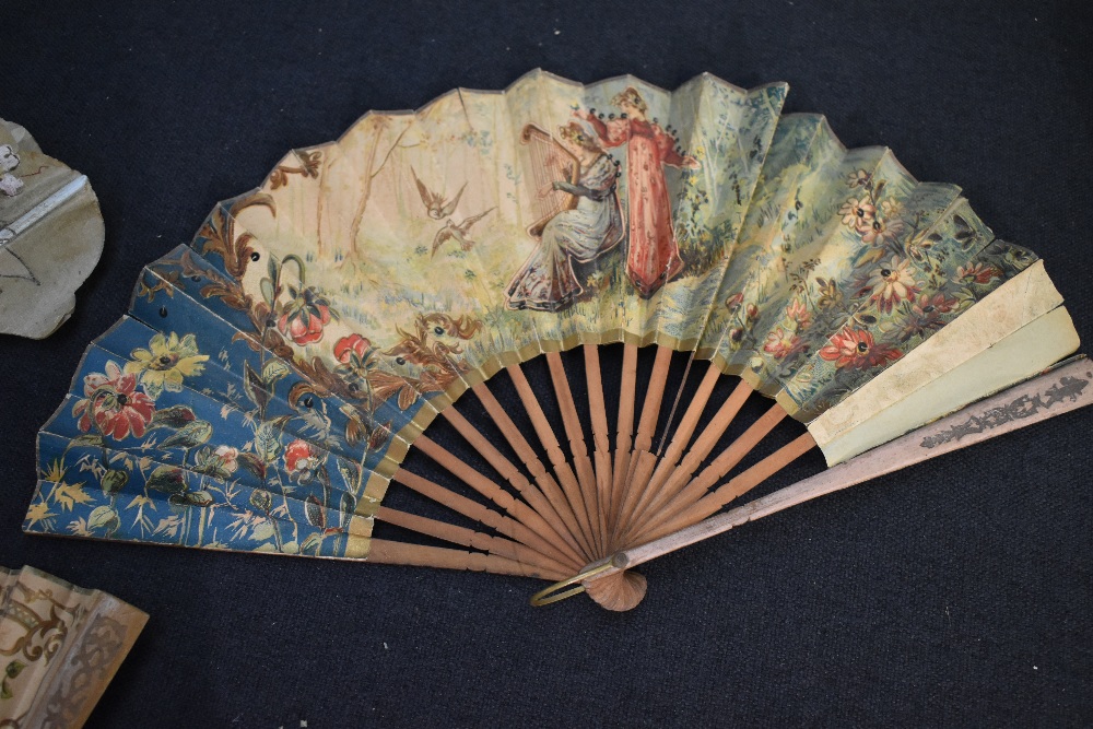 Three fans, including unusual Victorian fan with rasied leaf styling and hand painted flowers, and - Image 3 of 9