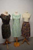 A vintage 1950s 'Ursula model' velvet dress having floral pattern, a 1940s/50s colourful skirt and a