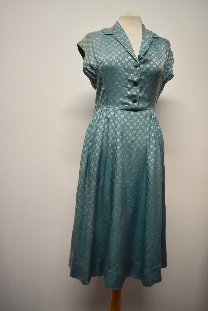 A late 1940s/early 50s day dress of sea foam green medium weight silk, having gathers to the - Image 4 of 8