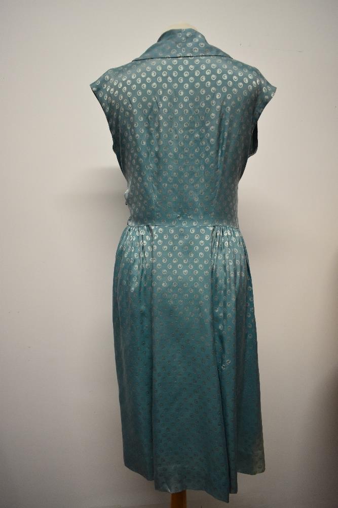 A late 1940s/early 50s day dress of sea foam green medium weight silk, having gathers to the - Image 6 of 8