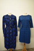 A 1950s blue button through dress with large statement collar and belt to waist, sold with a blue