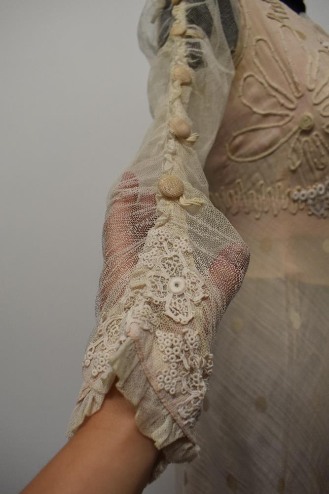 A pale tea coloured Edwardian dress of shot cotton, or blended shot cotton with large dot pattern, - Image 18 of 23