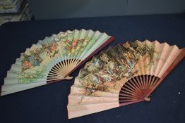 Three early to mid century vintage paper fans, one having Spanish flamenco dancer scene, another
