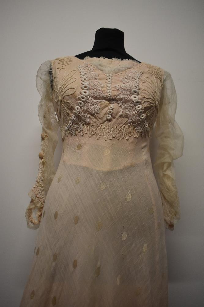 A pale tea coloured Edwardian dress of shot cotton, or blended shot cotton with large dot pattern, - Image 21 of 23