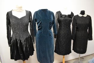 Four mixed vintage dresses, comprising glittery 1980s dress with puff ball skirt, 1950s teal