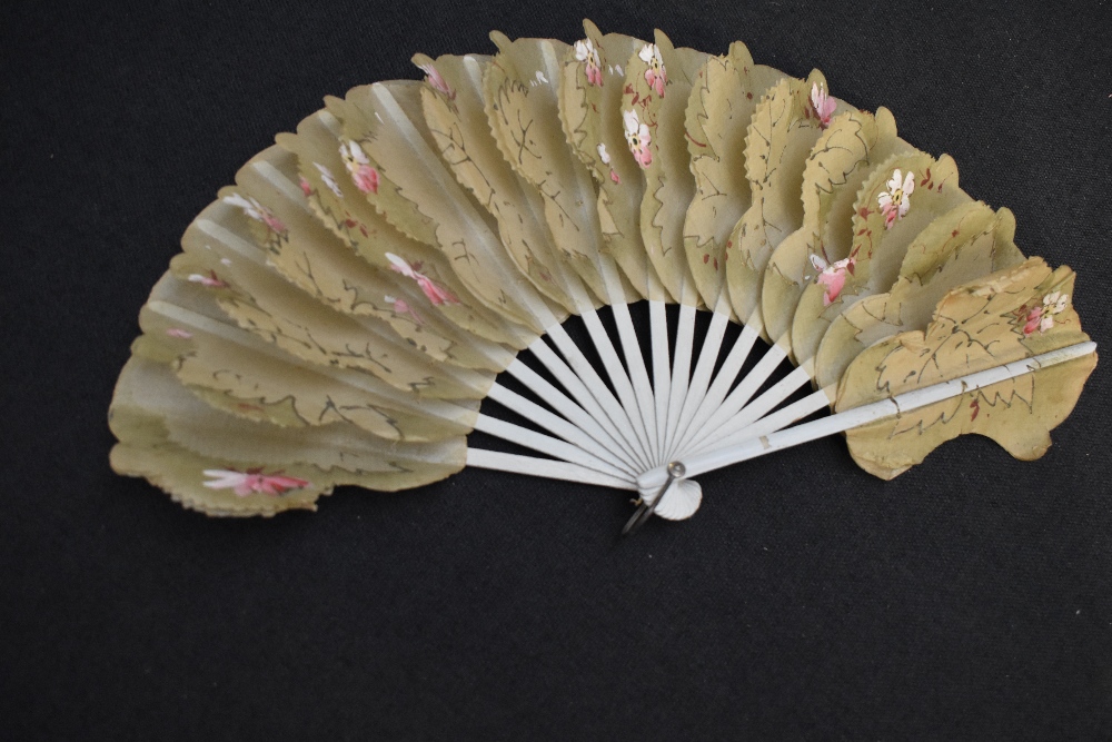 Three fans, including unusual Victorian fan with rasied leaf styling and hand painted flowers, and - Image 8 of 9