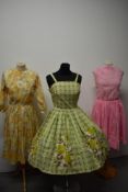 Three vintage dresses, including 1950s/60s dress with 'Miss Endrea' label to nape, having pleated